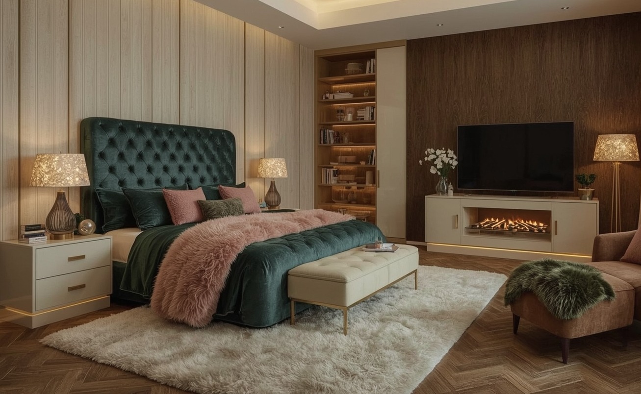 green coloured bedroom